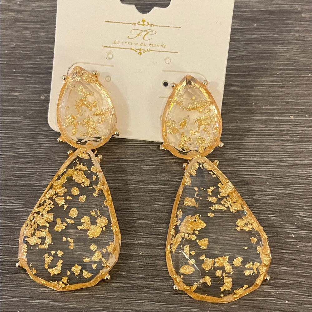 New Boutique Clear Acrylic With Gold Flakes Teardrop Earrings
